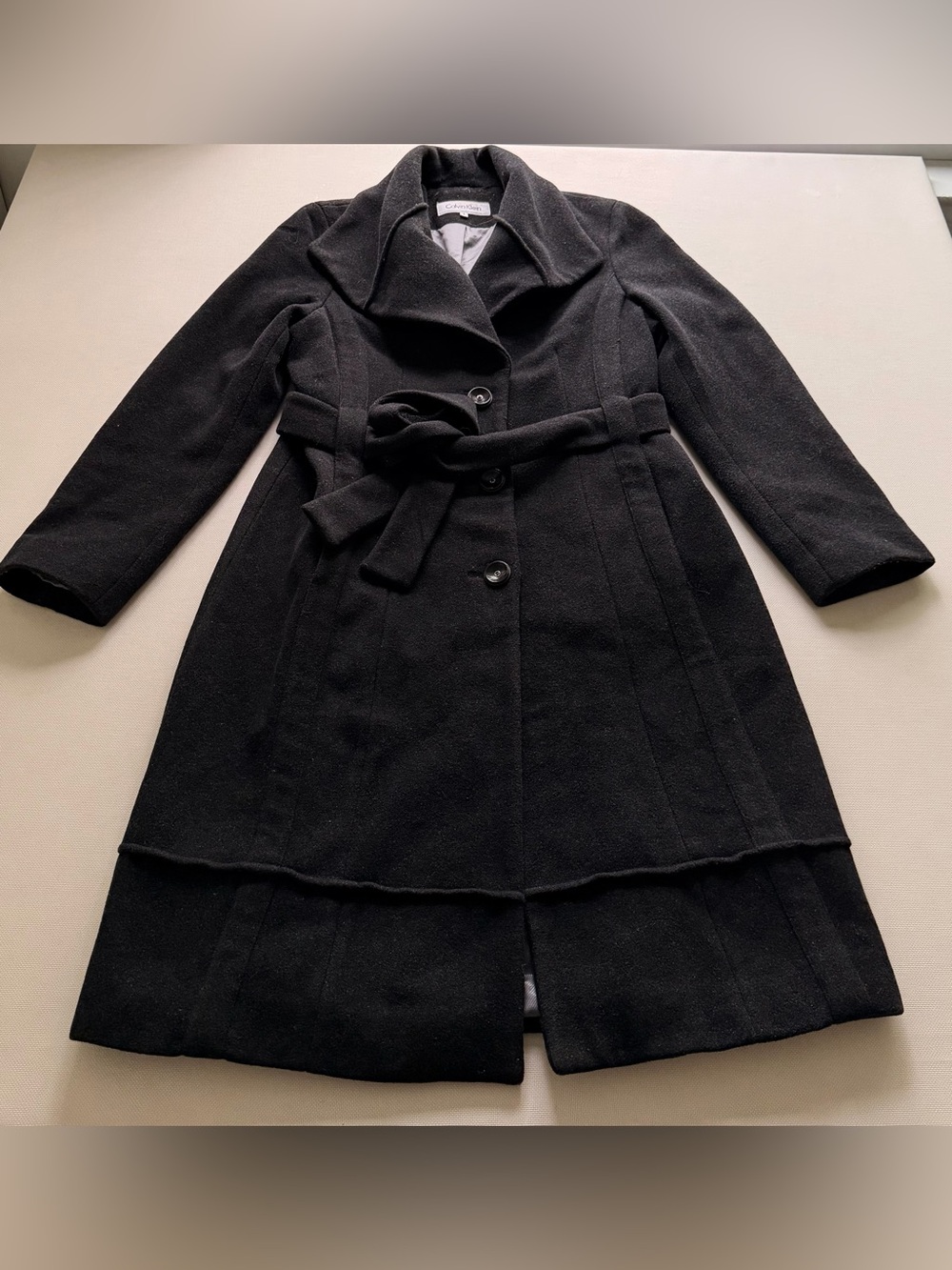Calvin Klein Black Wool-Blend Belted Pea Coat